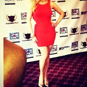 bebe Vibrant Red Mini cutout double layer stretchy Dress